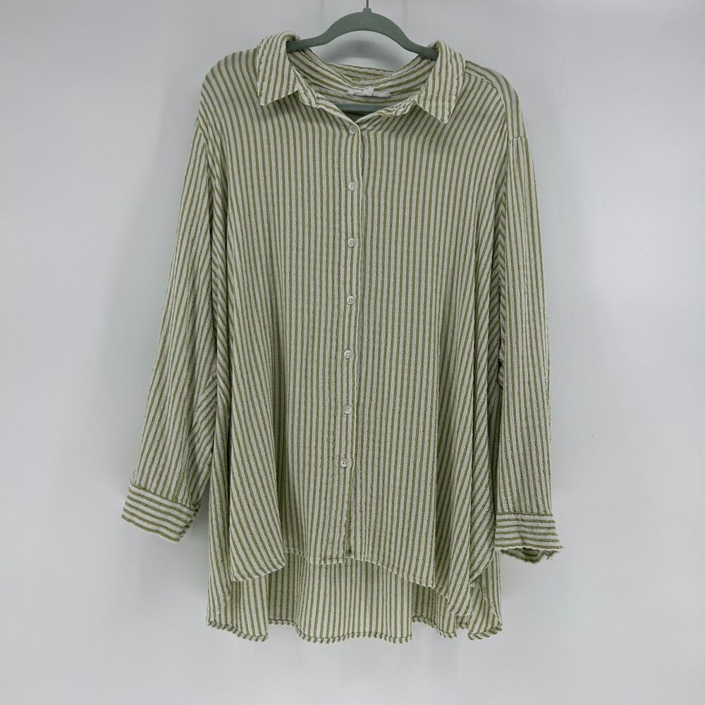 Jane & Delancey Gauze Button Down Shirt Womens 3XL Green Striped Lightweight Top